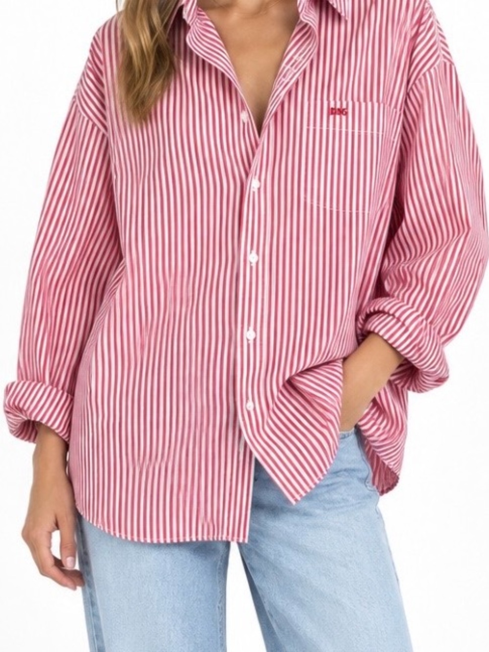 D&G Red and White Vertical Stripe Men's Button-Down Shirt